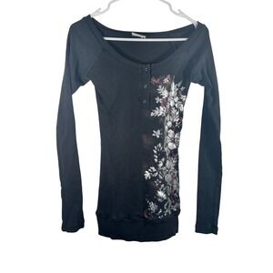 Y2K Outlaw USA Henley Long Sleeve Women Small Black Floral Metallic Grunge Emo